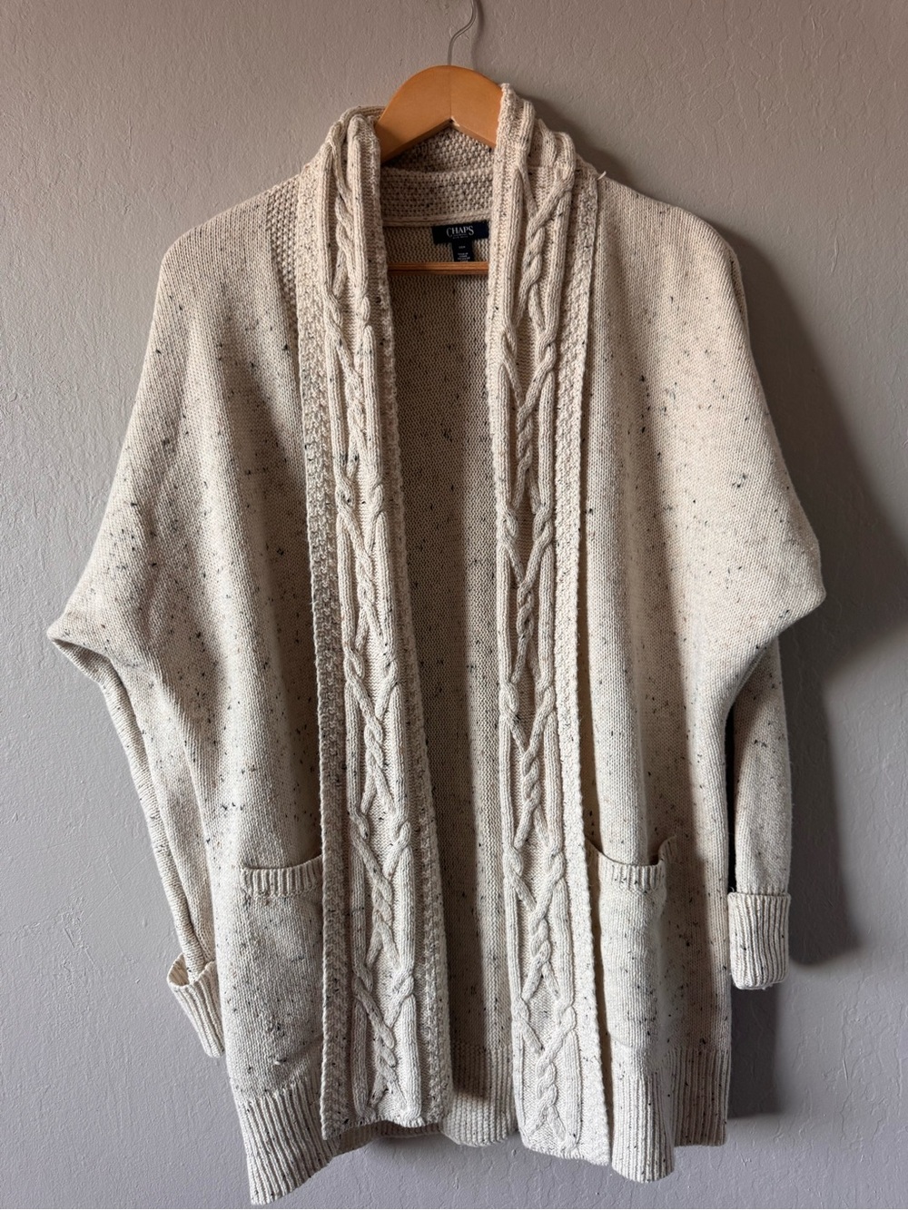 Chaps Women's Cotton Blend Speckled Cable Knit Shawl Collar Open Front Cardigan